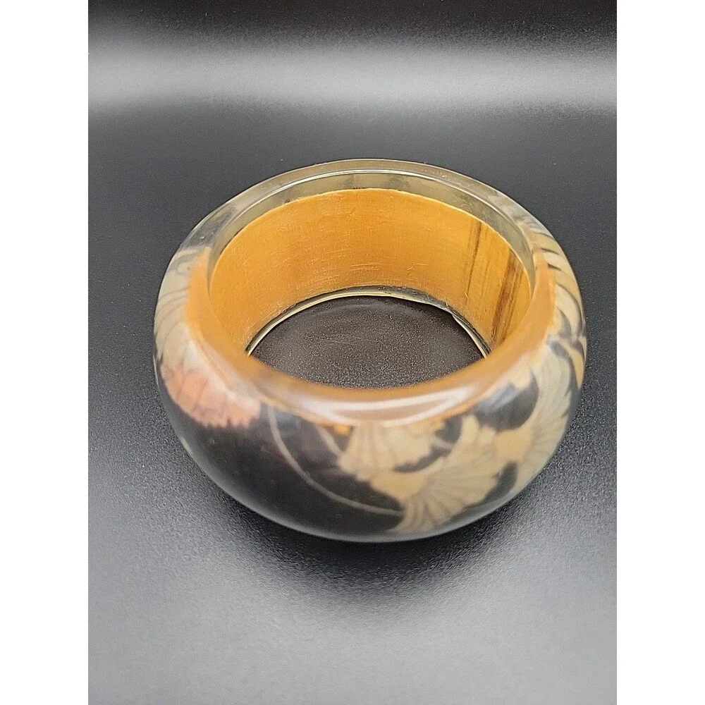 Vintage Chunky Bangle Bracelet Lot 3 Pink Tiger Lucite Carved Resin Wood Leaf